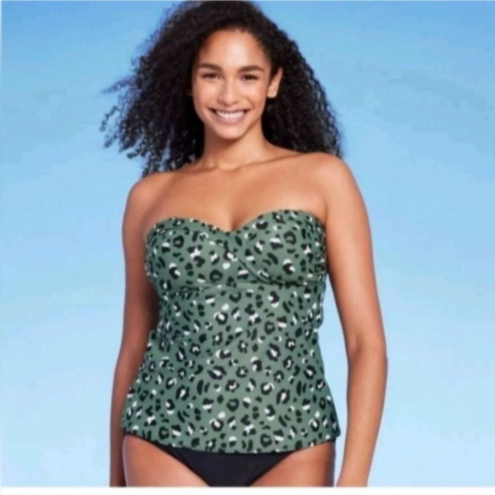 Kona Sol Womens Small Green Leopard Tankini Removable Straps Sweetheart Neckline